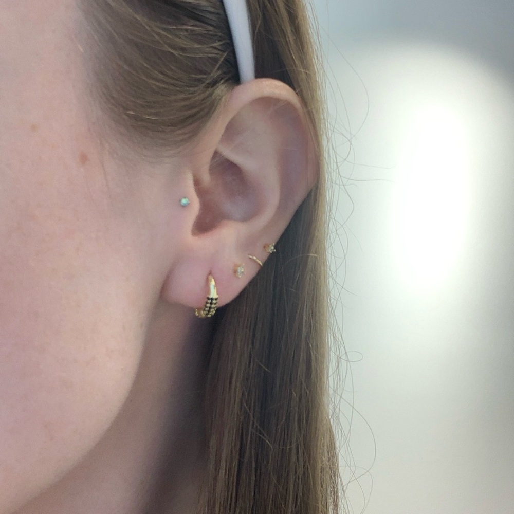 Gold plated sterling silver and black onyx hoops huggie hoop earrings